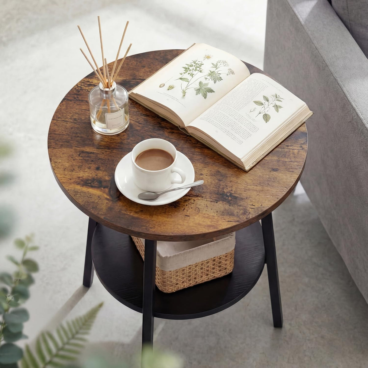 Small Round Side Table, 2-Tier Coffee Table with Storage Shelf
