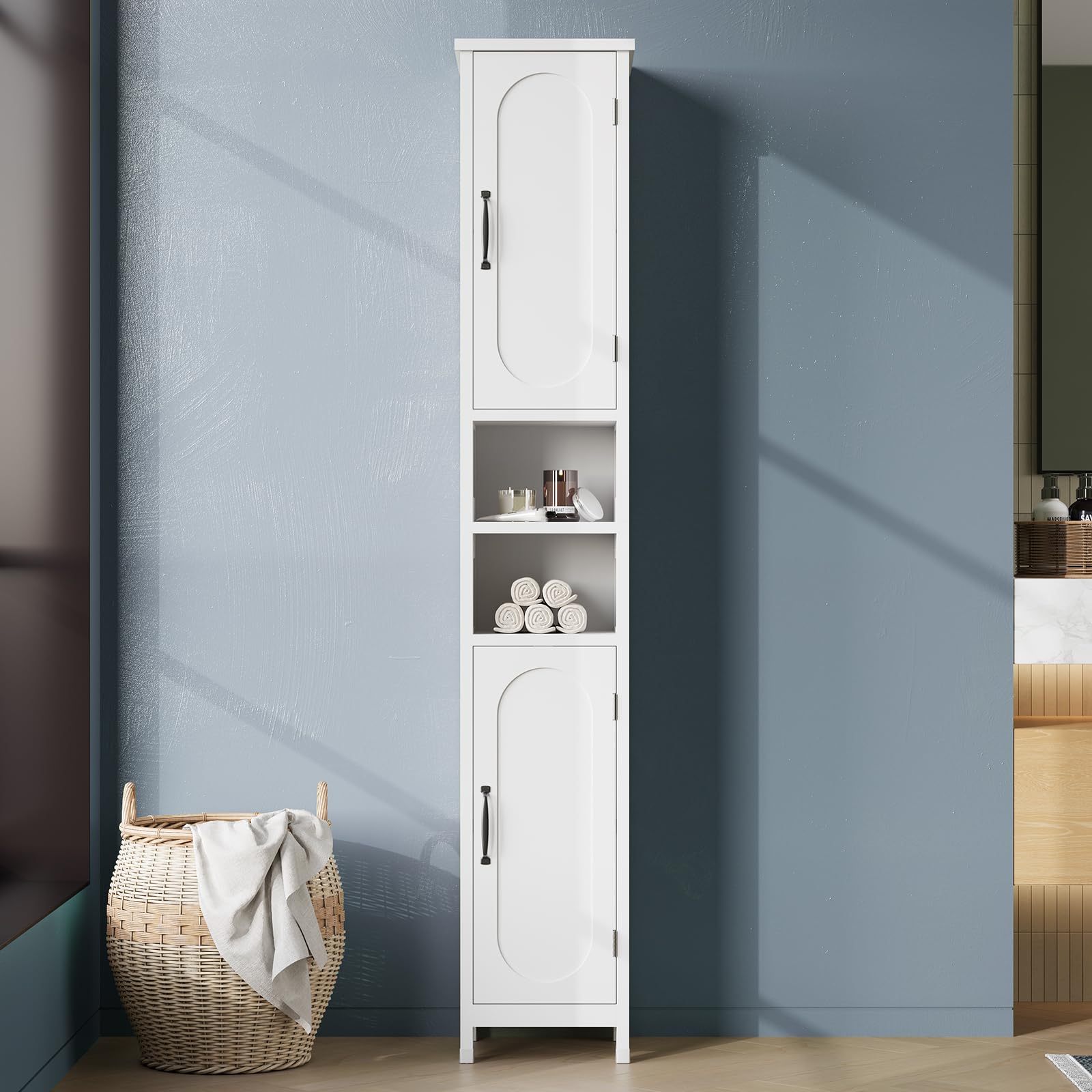 MYBEILEYI Tall Bathroom Storage Cabinet with Light | Slim MDF Floor Organizer