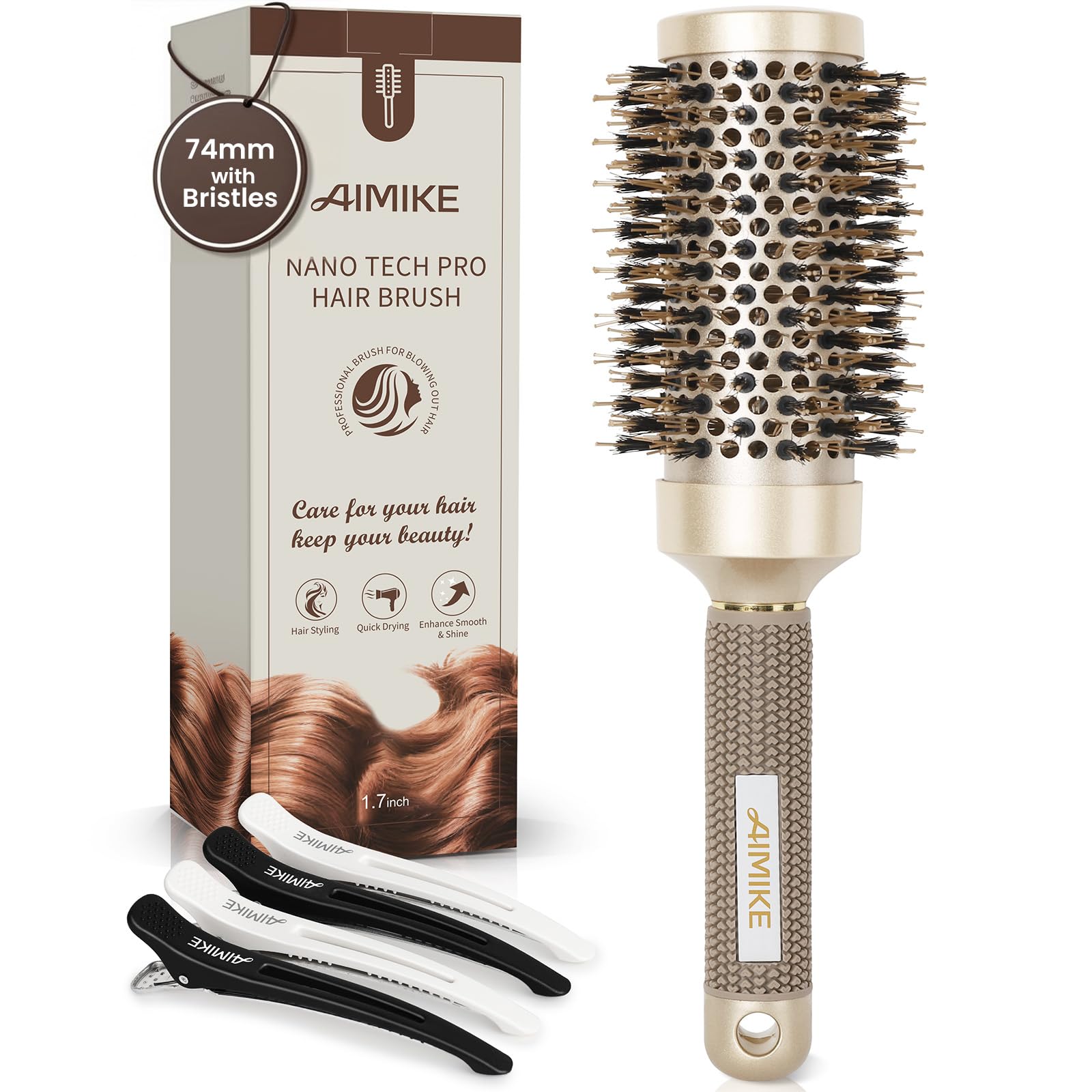 AIMIKE Nano Thermal Ceramic Round Hair Brush with Boar Bristles - 43mm