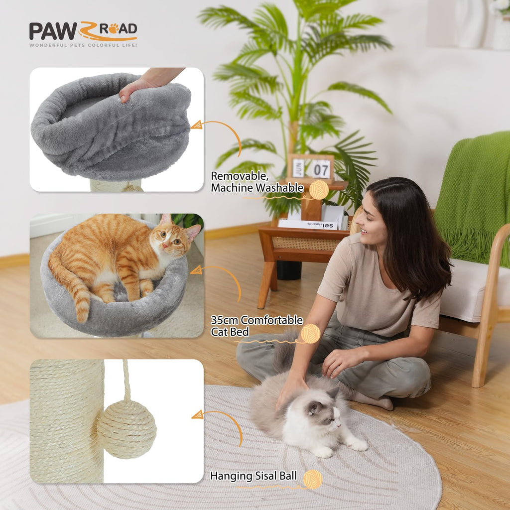 PAWZ Road Tall Cat Scratching Post with Plush Bed and Sisal Rope – Grey