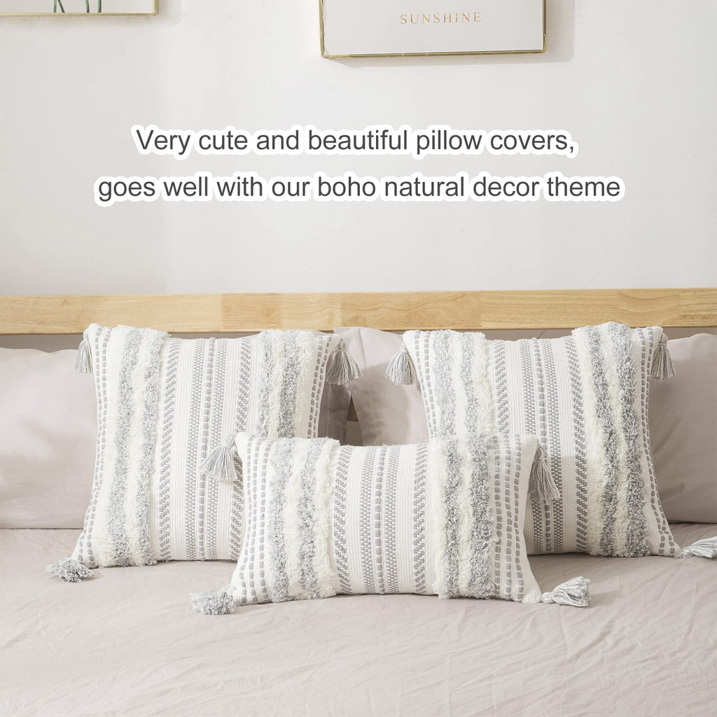 decorUhome Boho Grey Cushion Covers – Set of 2 Tufted Tassel Pillow Cases
