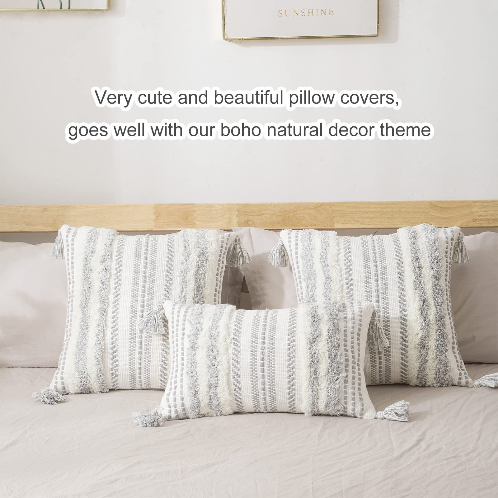 decorUhome Boho Grey Cushion Covers – Set of 2 Tufted Tassel Pillow Cases