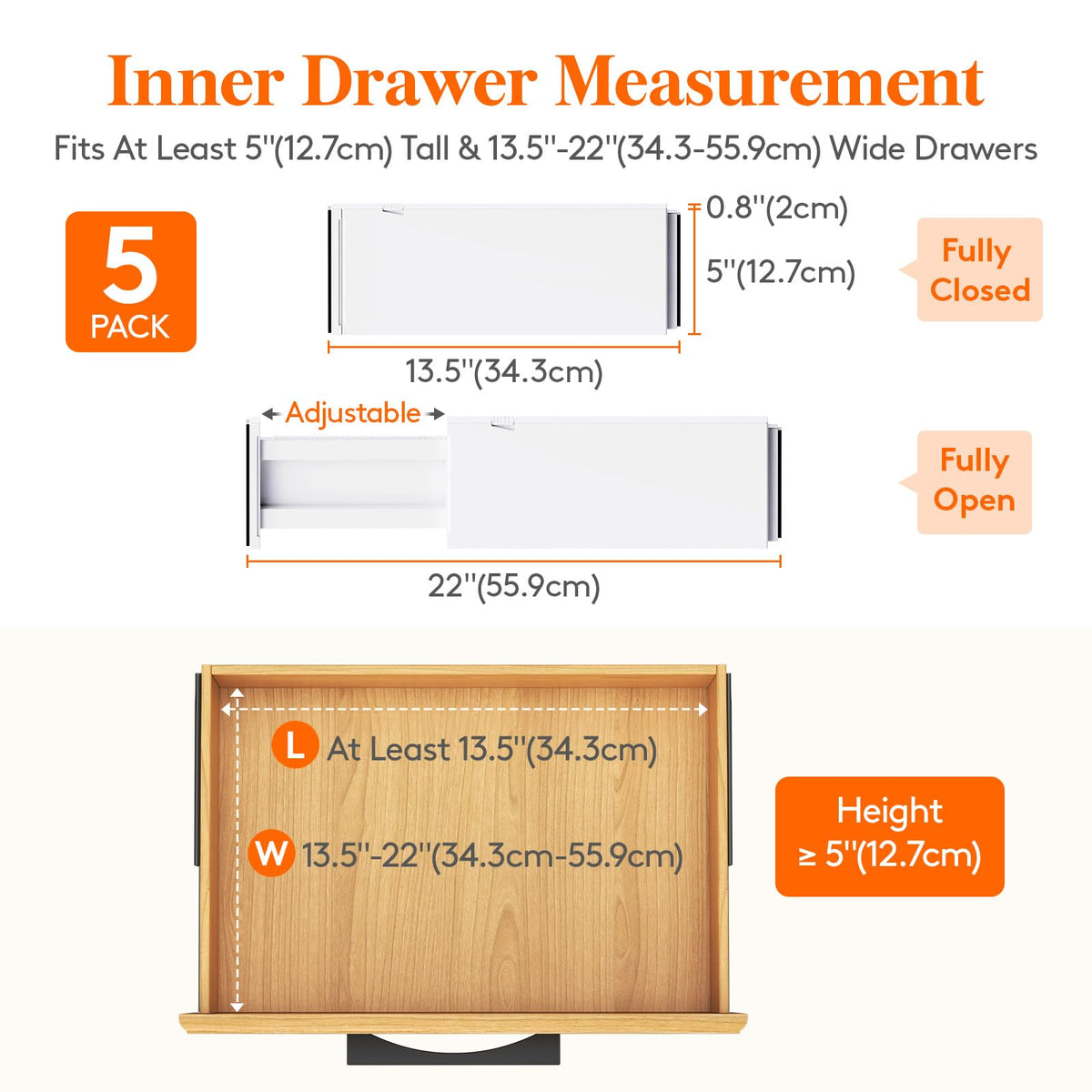 Lifewit 5 Pack 5" High Drawer Dividers 34-56cm/13.5-22" Adjustable Drawer Organiser for Clothes/Utensils, Expandable Kitchen Drawer Dviders - image 2