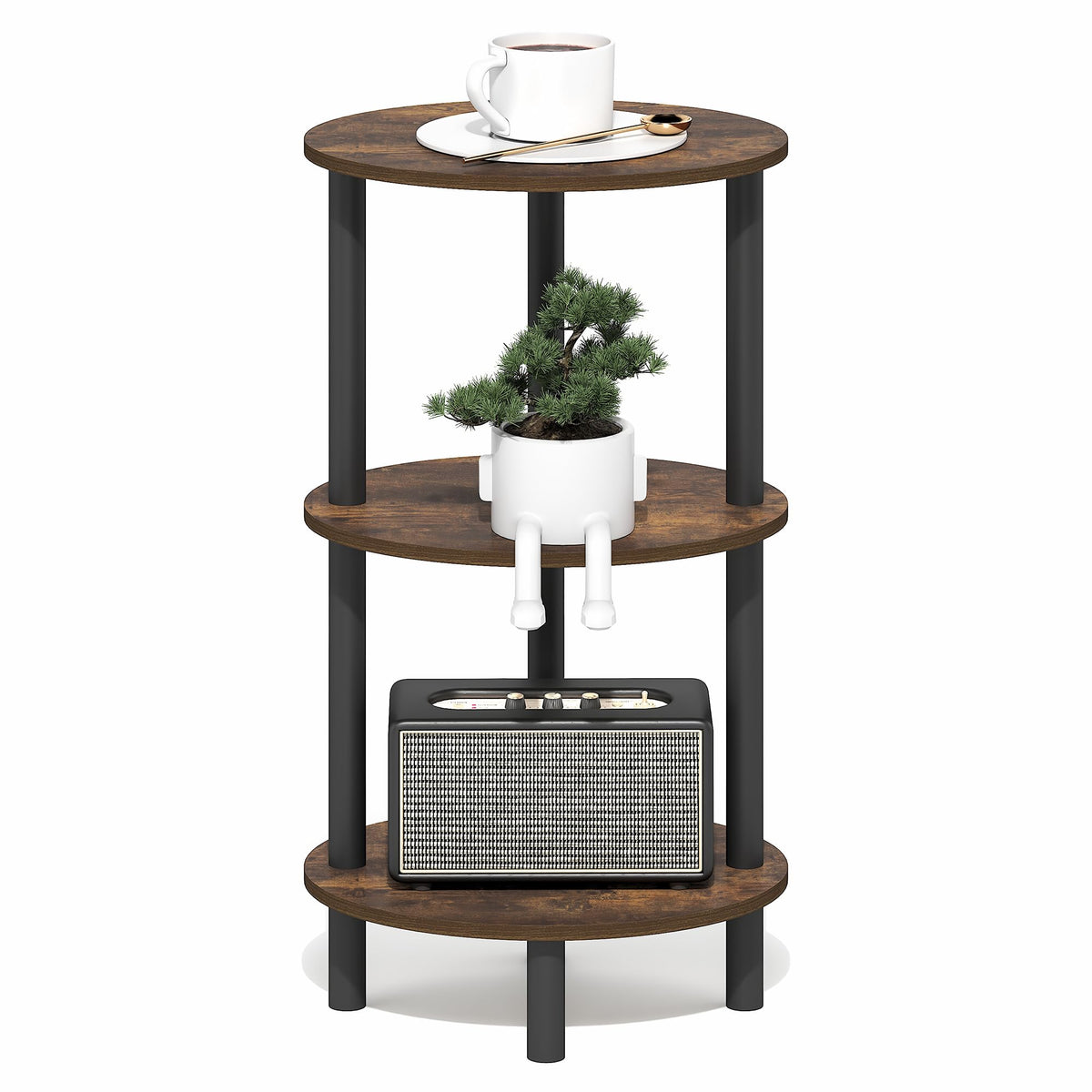 Furinno TURN-N-TUBE Side Table, 3-Tier Oval End Table, Night Stand, Bedside Table, for Living Room, Bedroom, Amber Pine/Black