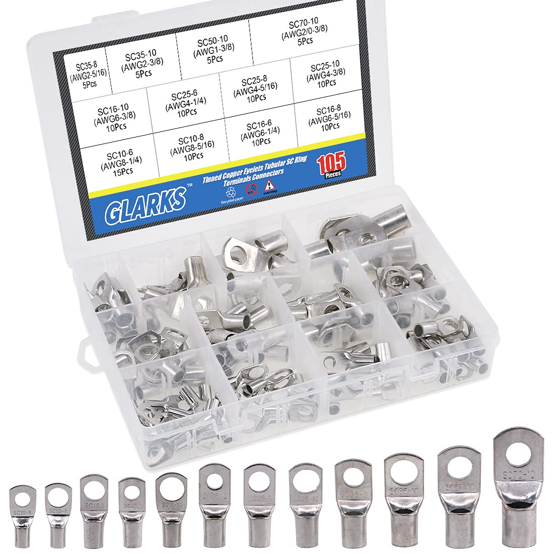 Glarks 105Pcs Heavy Duty Battery Cable Lugs – Tinned Copper Ring Terminals