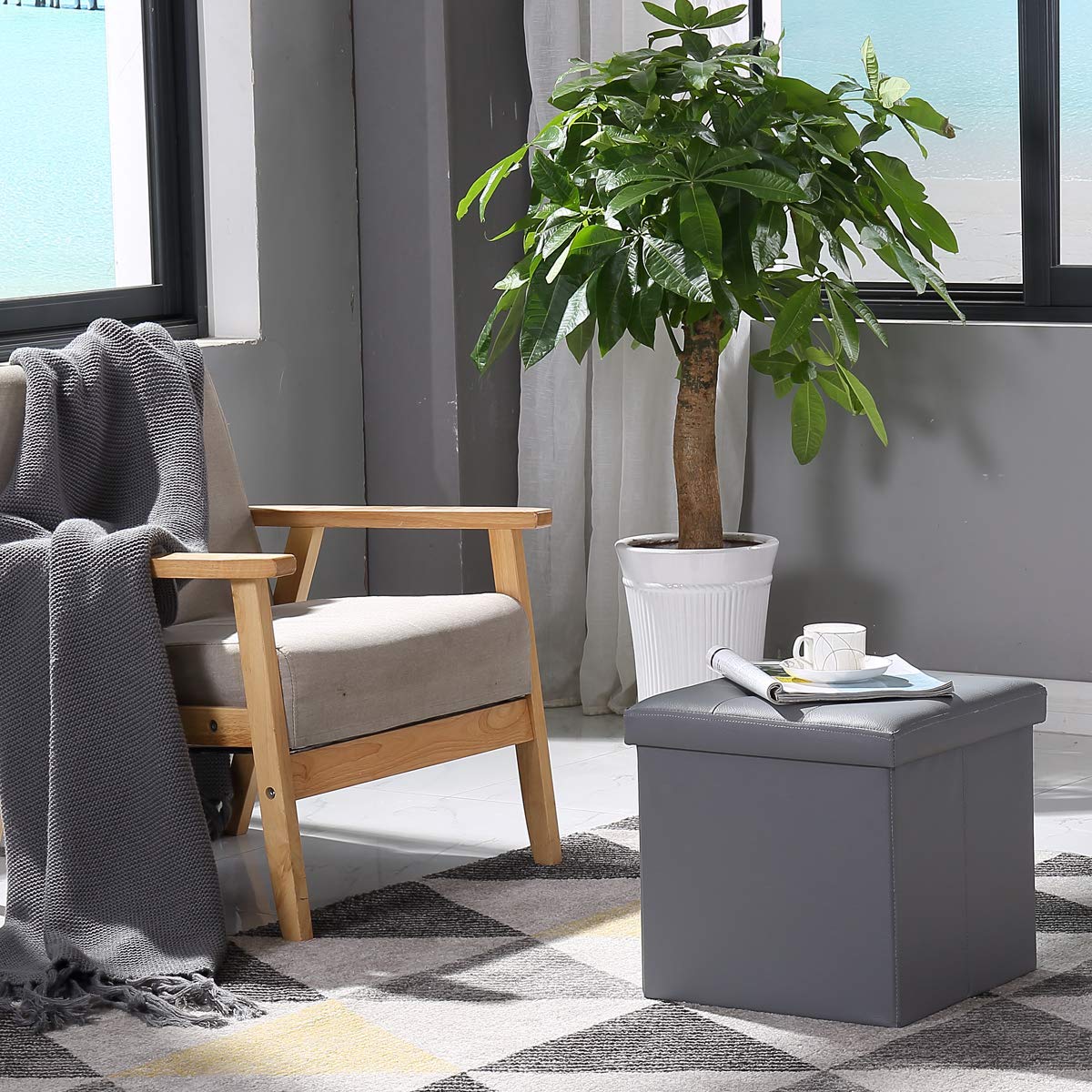 BRIAN & DANY Folding Ottoman Storage Box with Lid, Faux Leather Footstool Toy Storage Box Storage Seat 38 x 38 x 38 cm Gray