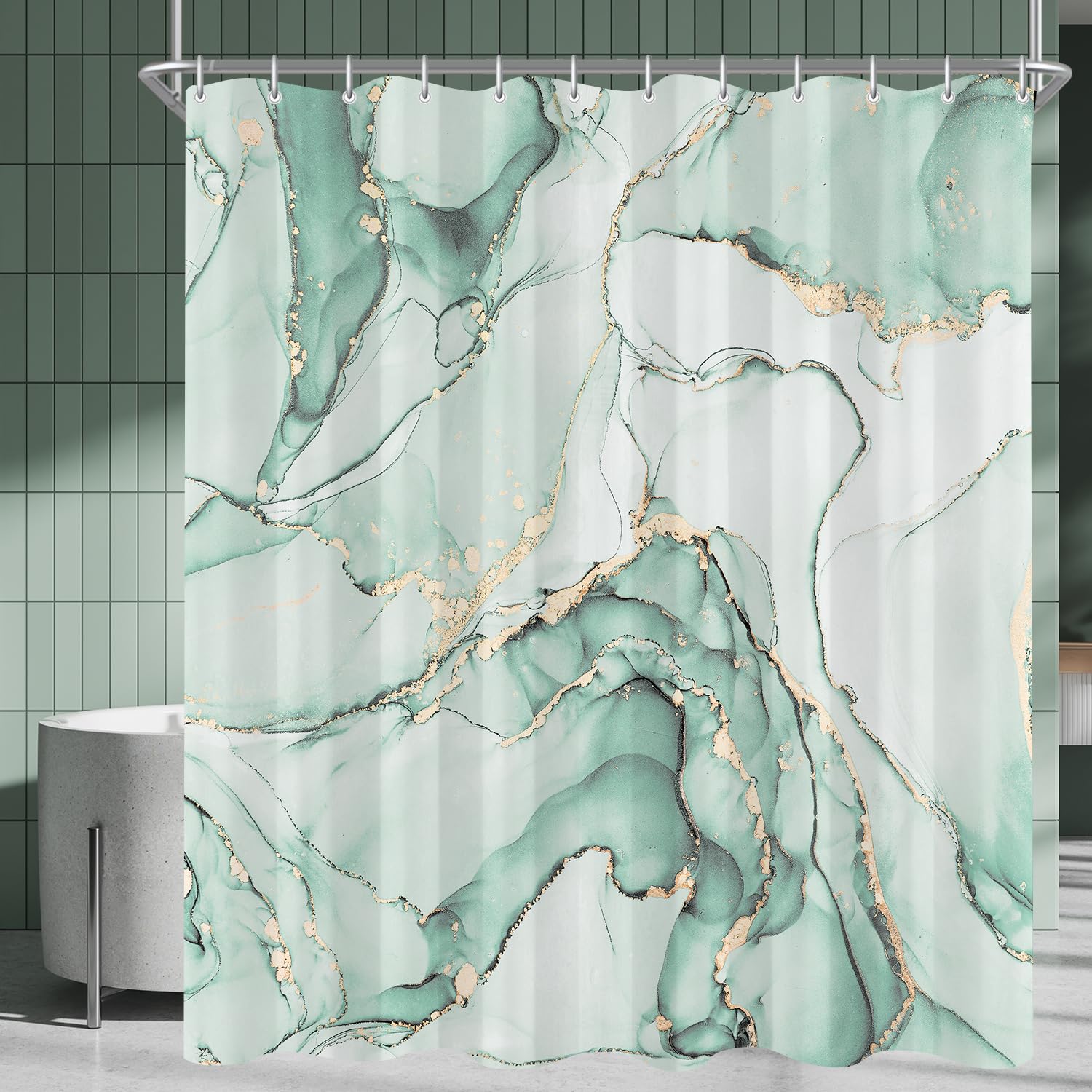 Lerores Mint Green Marble Shower Curtain – Anti-Mould Weighted Polyester