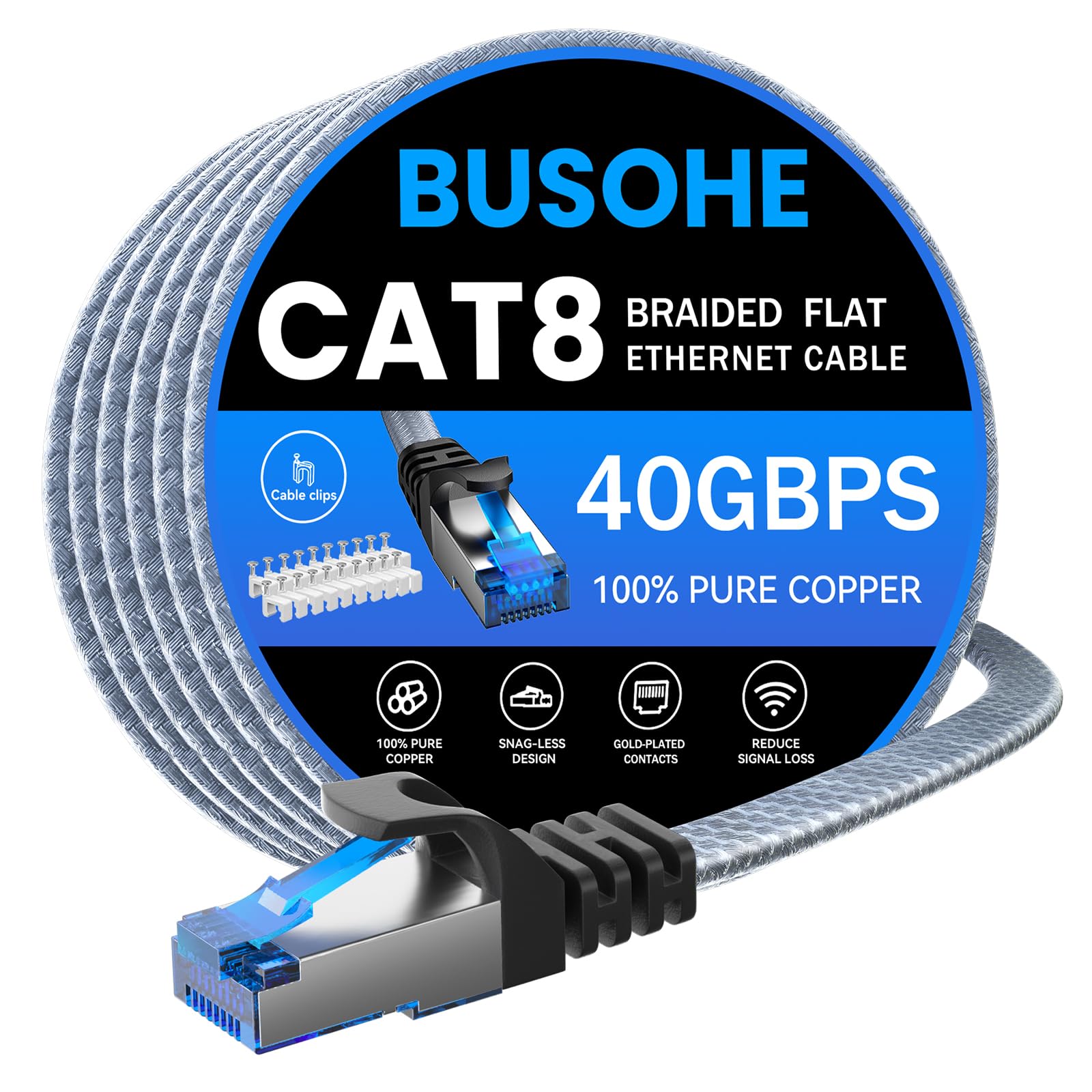 BUSOHE Cat 8 Ethernet Cable 15M | 40Gbps Braided Flat High Speed LAN