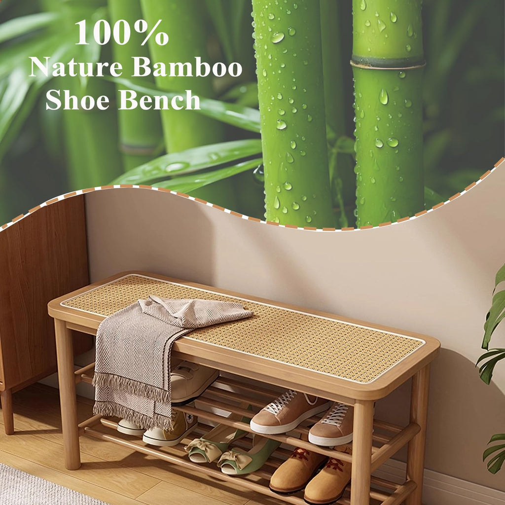 SOBIBO Bamboo Shoe Rack Bench with Rattan Seat, 3-Tier Shoe Storage Bench, Entryway Bench for Hallway，Nature-31.5 inches - image 4