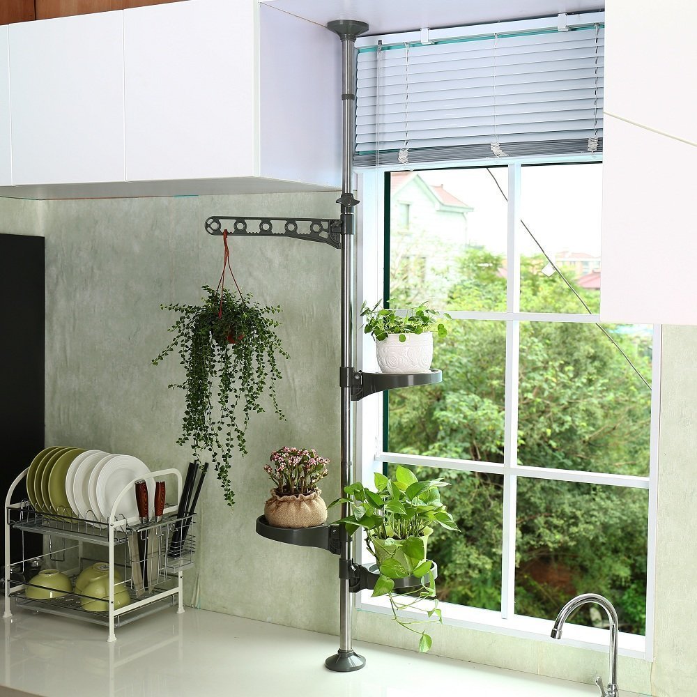 BAOYOUNI Tension Rod Plant Stand – Adjustable Window Flower Rack with 3 Trays
