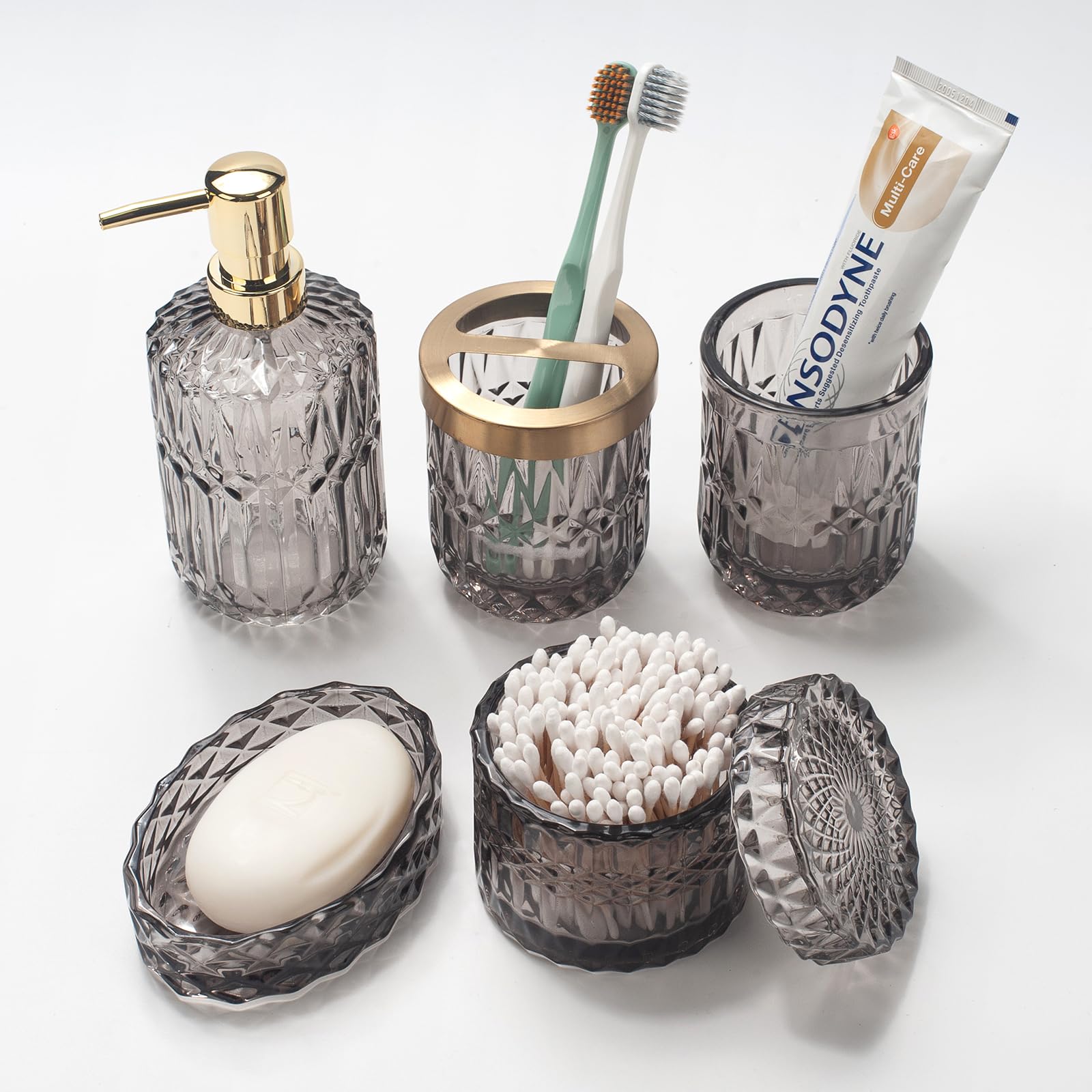 5-Piece Grey Glass Bathroom Accessories Set – Vintage Diamond Cut