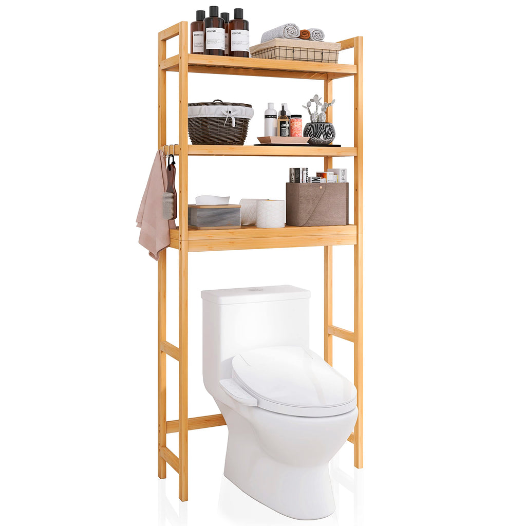 SMIBUY Bamboo Over-The-Toilet Storage Rack – 3-Tier Adjustable Shelf, Natural