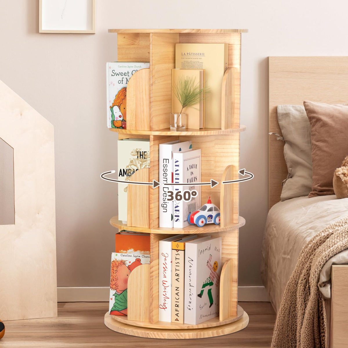 OOOK Solid Wood Rotating Bookshelf, 360 Degree 3 Tier Children's Revolving Bookcase, Kids Bookshelf for Small Space, Kids Room, Study, Nursery - image 2