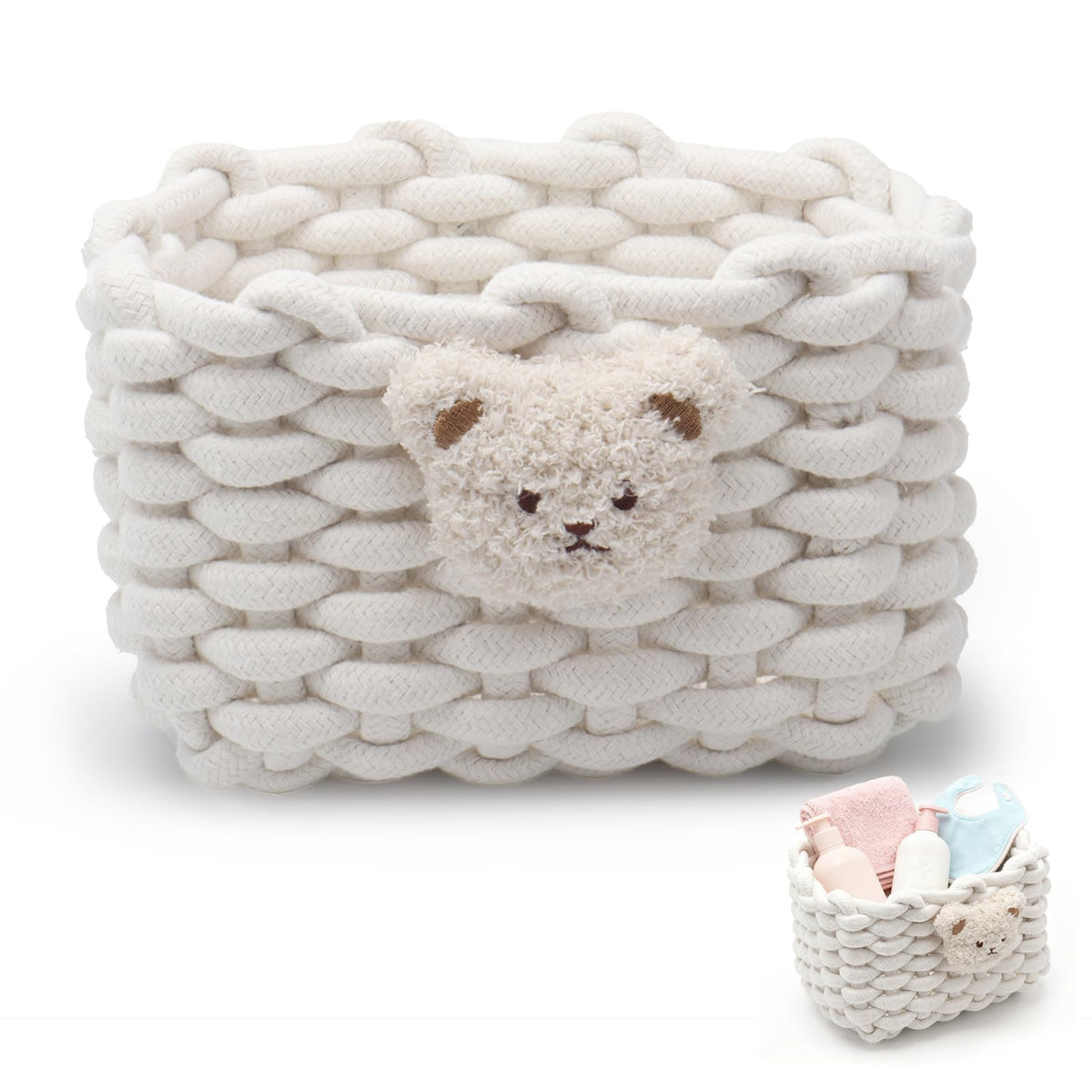 Woven Cotton Wicker Storage Basket with Bear Motif, White - Bathroom Organizer for Desk, Makeup Table, Cabinets, Bath, Kitchen White