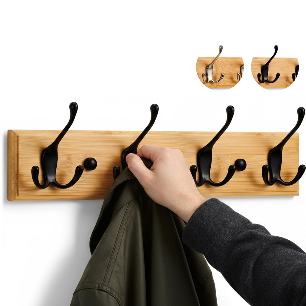 LARHN Wooden Wall-Mounted Coat Rack - 4 Black Coat Hooks, 42cm - image 1