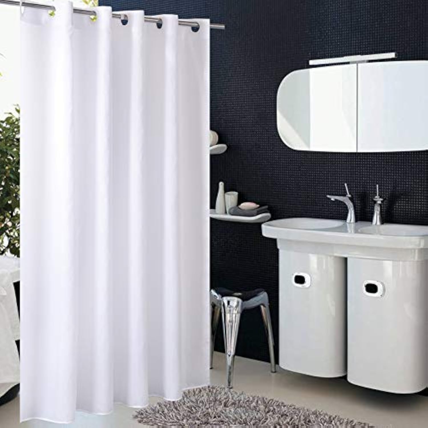 Homehold Hookless White Fabric Shower Curtain | Waterproof & Washable