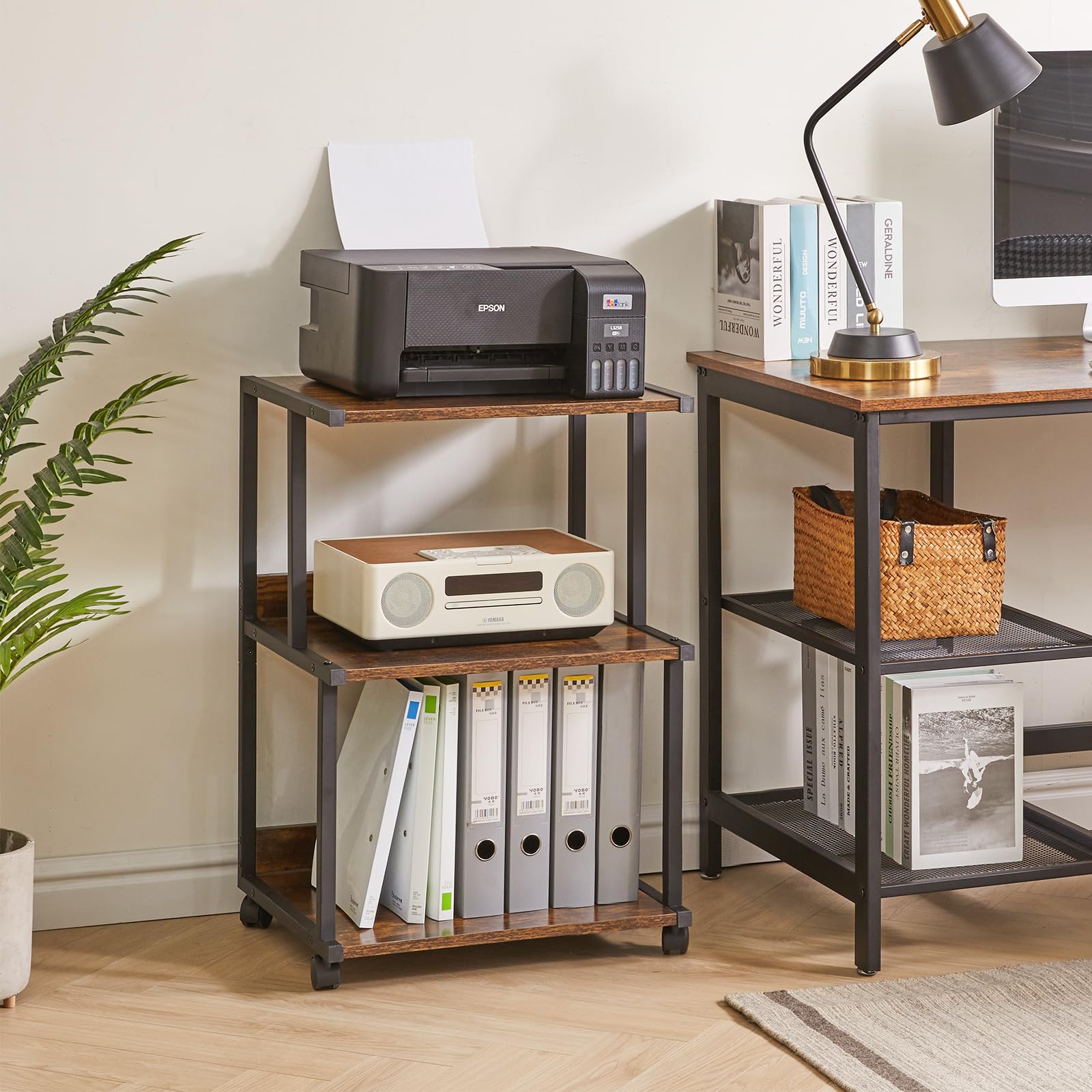 IBUYKE 3-Tier Printer Stand with Wheels | Rustic Wood Rolling Office Cart
