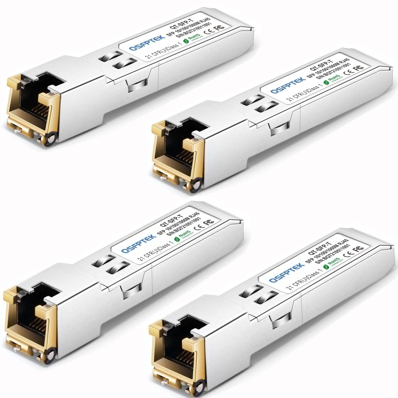 QSFPTEK 1G SFP to RJ45 Copper Module – 10/100/1000BASE-T Transceiver, 4-Pack