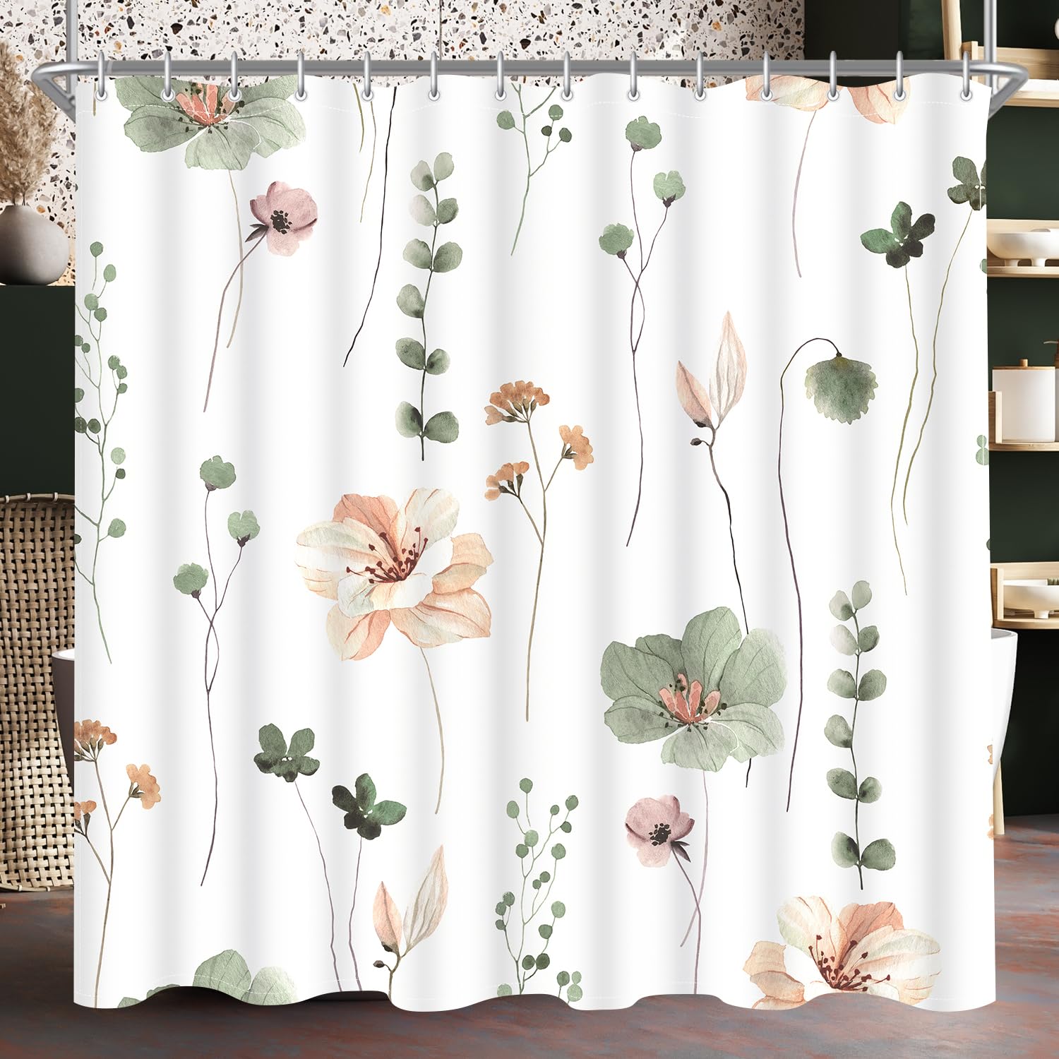 Lerores Sage Green Flower Shower Curtain | 200x200cm Anti-Mould Polyester