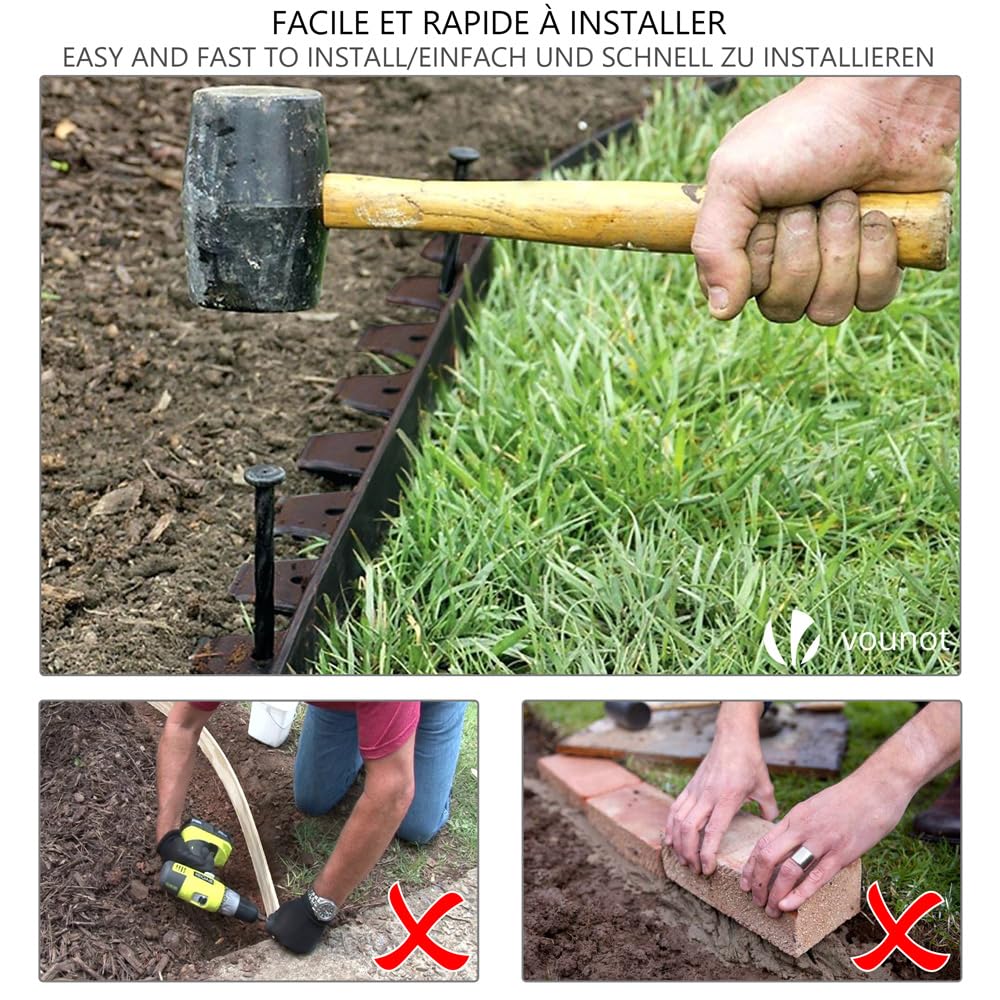 VOUNOT 20m Flexible Plastic Lawn Edging – Brown Garden Border with 60 Pegs