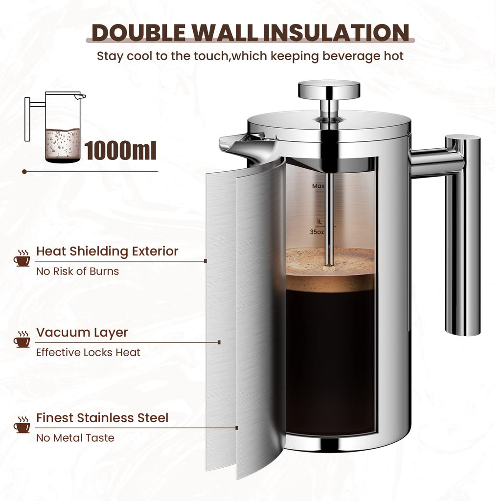 Velaze 1L French Press Coffee Maker – Double Wall Stainless Steel