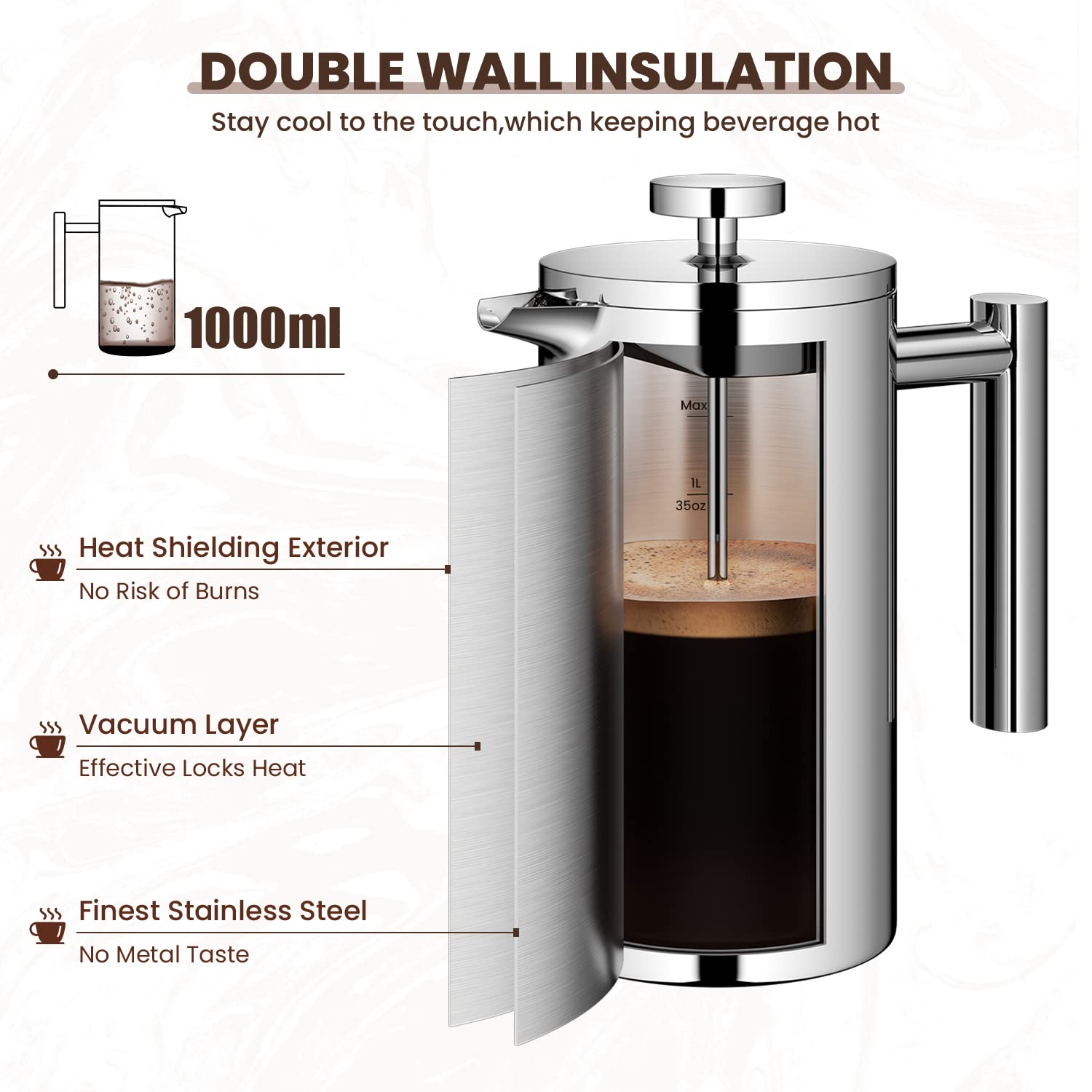 Velaze 1L French Press Coffee Maker – Double Wall Stainless Steel