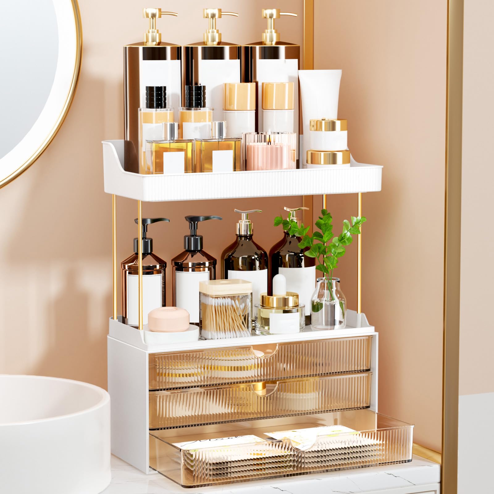 OrderlyGo Makeup Organiser – 2 Tier 3 Drawer Vanity Storage, Amber