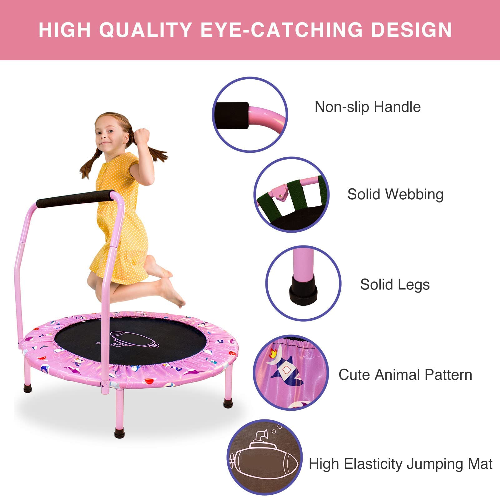 Jolof Store 38'' Kids Mini Trampoline – Foldable Bungee Rebounder, Purple