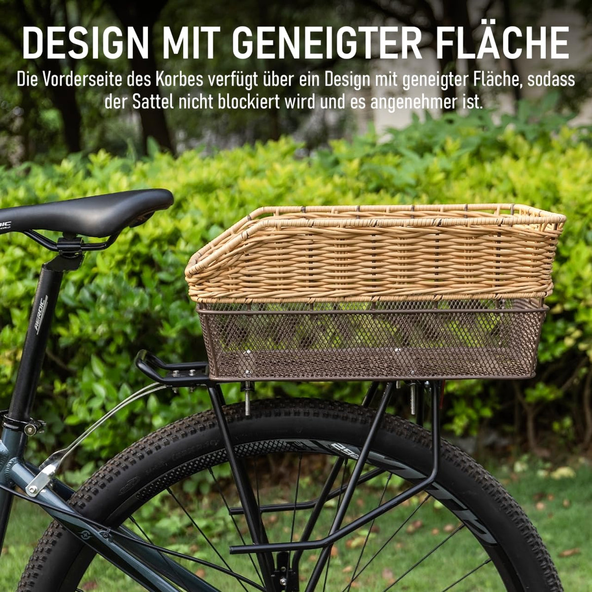 Large Rear Bike Basket, 25L Woven Basket with Load Capacity up to 20 kg – Metal Base Weatherproof & Rust-Free – for E-Bike and Electric Bicycle