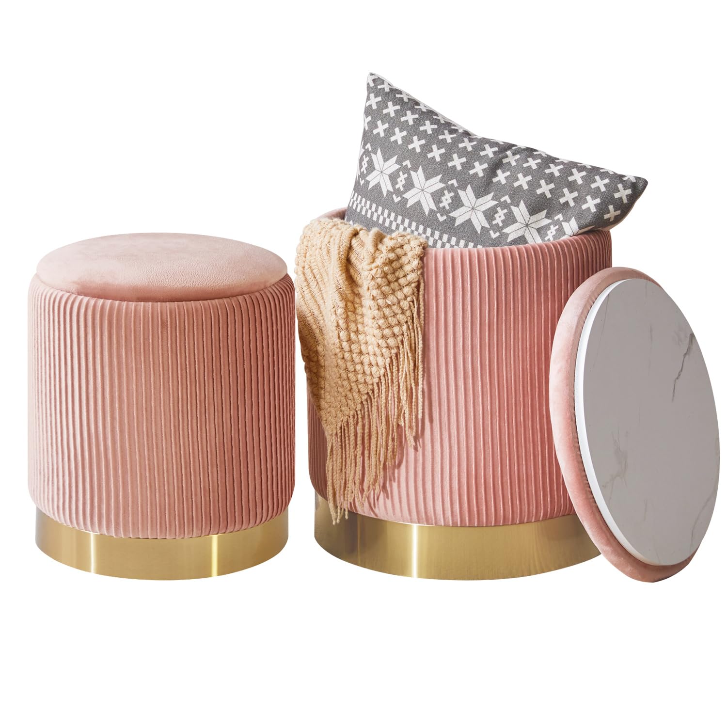 IBUYKE Set of 2 Round Velvet Storage Ottomans | Modern Vanity Stool - Pink
