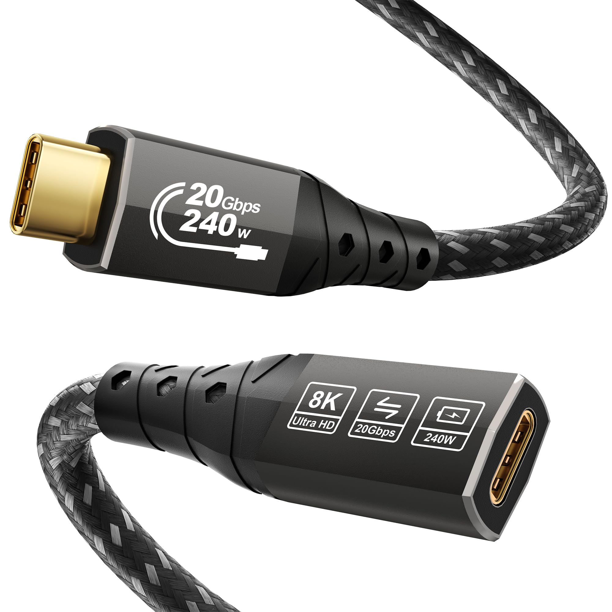 ZIKNYDO USB C Extension Cable 2m | 240W 20Gbps 8K Video Type C Extender