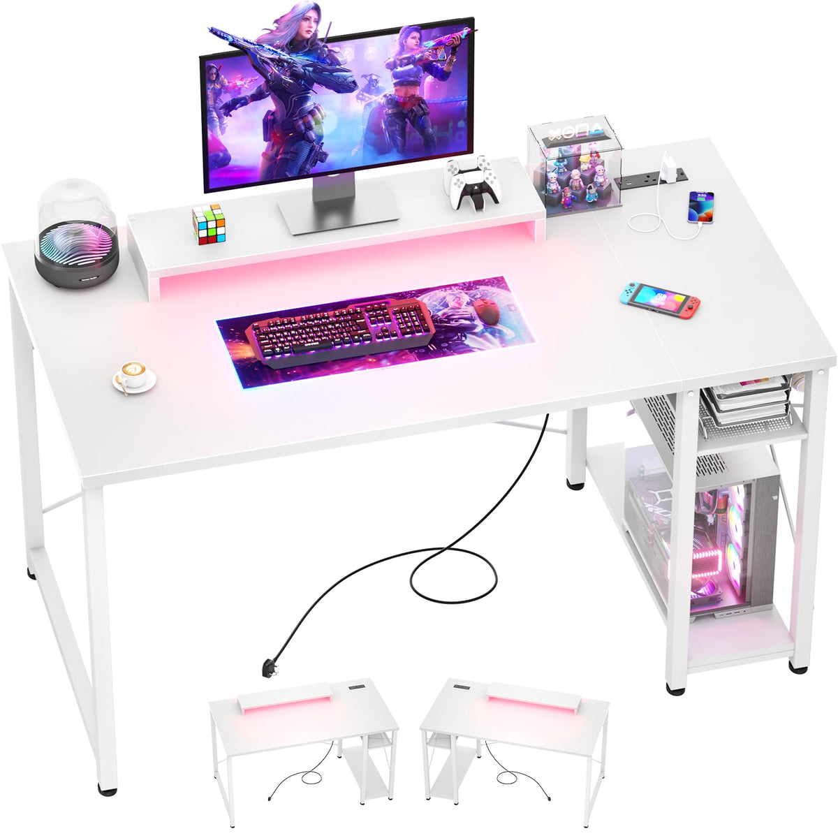iSunirm Gaming Desk with LED Lights & Power Outlet, Reversible Computer Desk with Moveable Monitor Stand - image 1