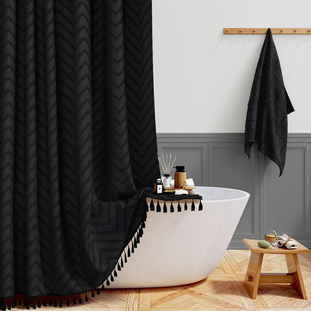 BTTN Narrow Boho Tufted Chevron Shower Curtain, Waterproof, 92x186cm, Black