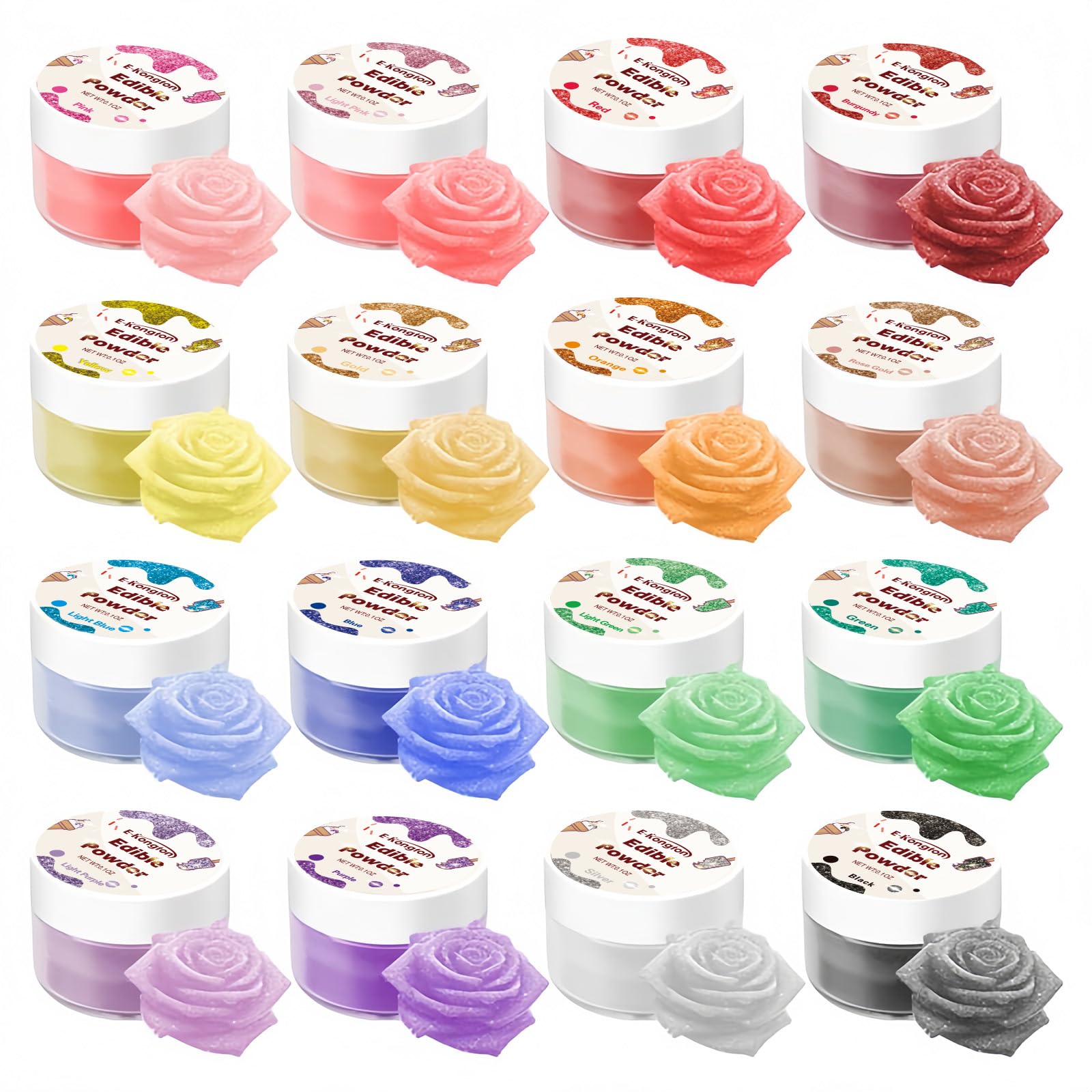 E-Kongton Edible Luster Dust Set - 16 Colors Glitter for Cake Decorating