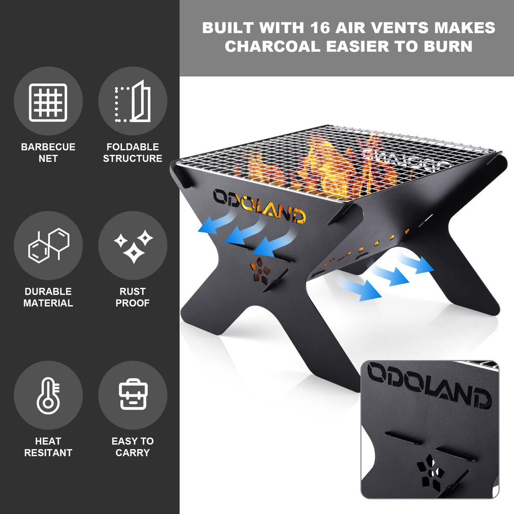 Odoland 2-in-1 Portable Camping Fire Pit | Foldable Wood Burning BBQ Grill