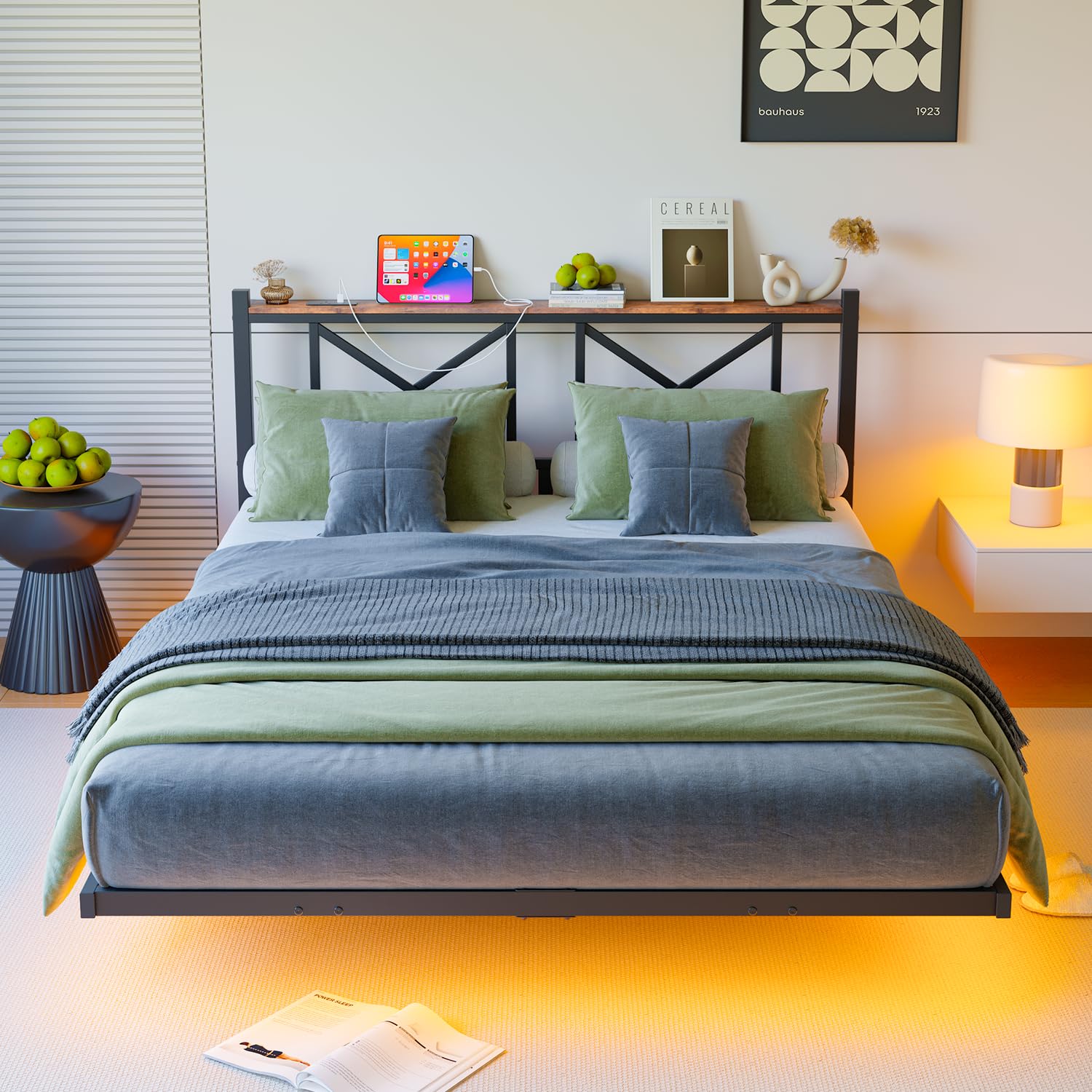 ARFARLY King Floating Bed Frame with LED Lights and Charging Station