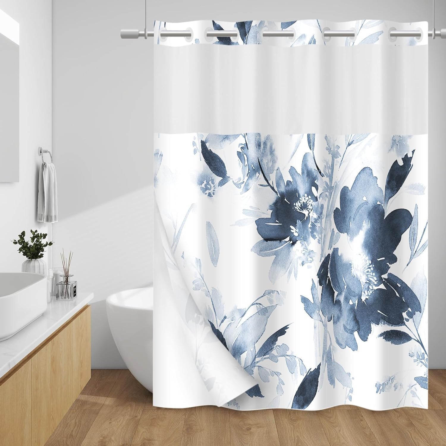 Eucalyptus No Hook Shower Curtain with Snap-in Fabric Liner