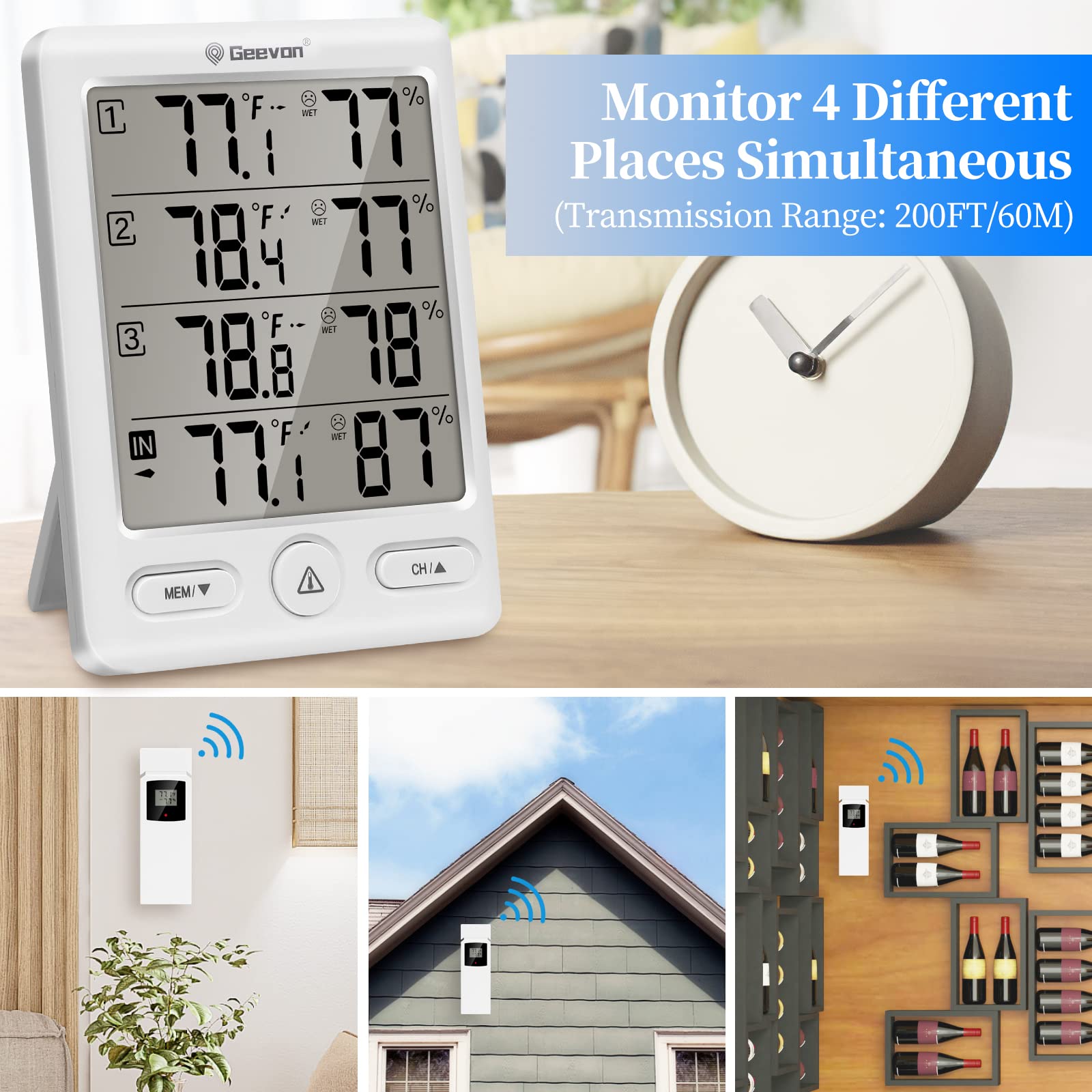 Geevon Wireless Indoor Outdoor Thermometer with 3 Remote Sensors & Hygrometer