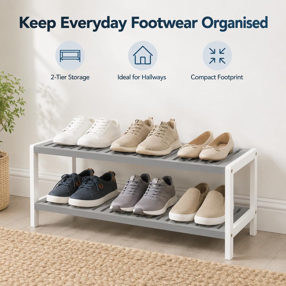 1ABOVE Bamboo Shoe Rack, Plant Rack, Perfect for Corridor, Living Room, Bathroom, Bedroom, Hallway or Small spaces-Parent. Grey & White, 2 Tier - image 5