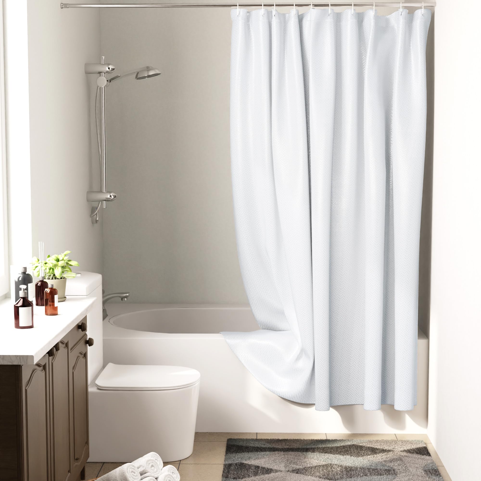 Encasa XO Luxury Jacquard Shower Curtain – White Waterproof Fabric