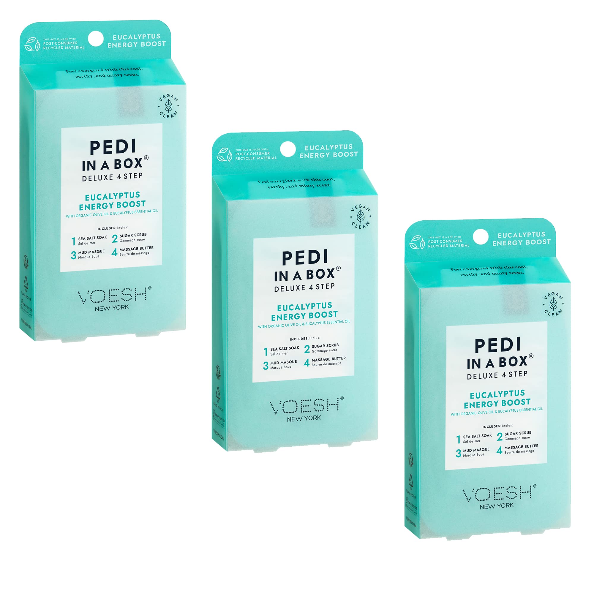 VOESH Eucalyptus Energy Boost 4-Step Pedi in a Box - 3 Pack Kit
