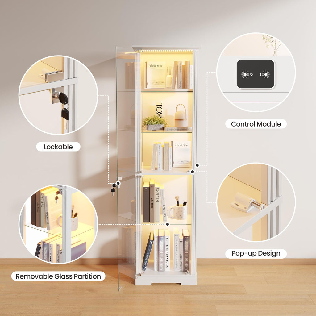 Gurexl 180cm Glass Display Cabinets with Lockable for Collectibles,White - image 4