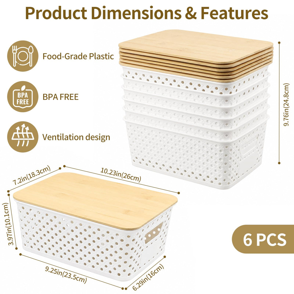 Yekolau 6 Pack Storage Bins for Shelves, Plastic Storage Containers with Bamboo Lids for Organizing, Stackable Storage Boxes with Handle - image 4