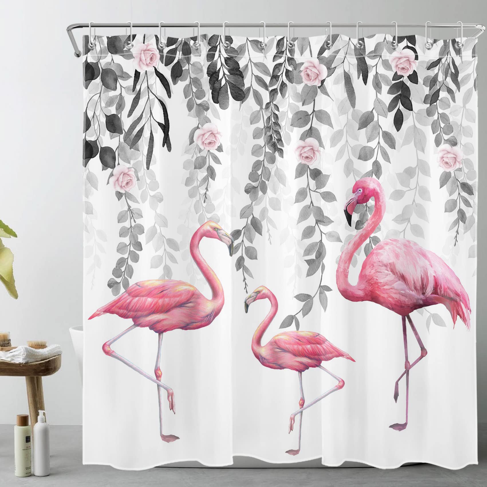 Pink Flamingo Shower Curtain | Tropical Floral Waterproof Fabric
