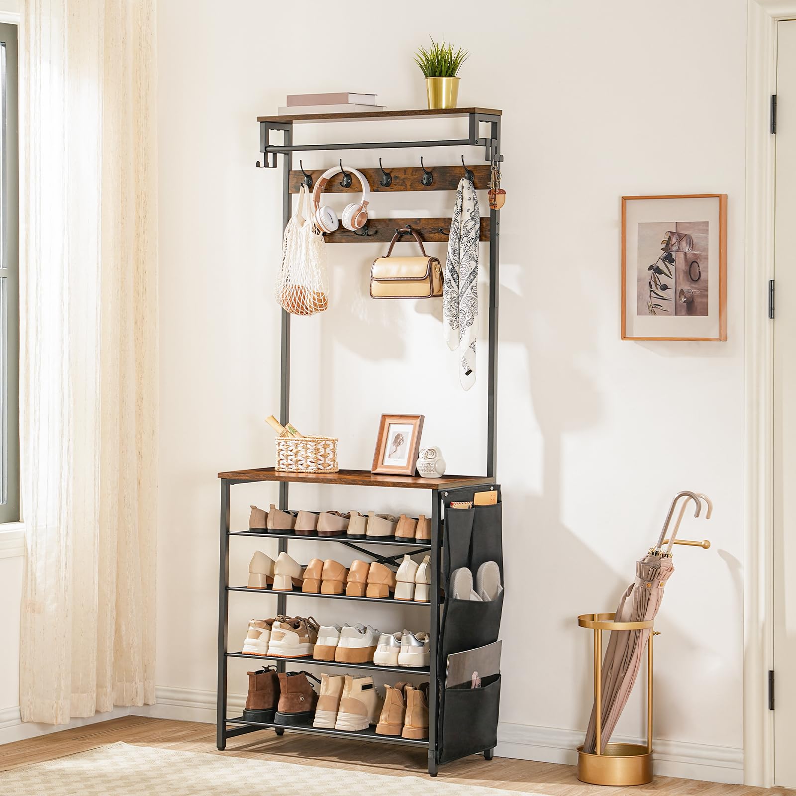 HOOBRO Hall Tree Coat Rack with Shoe Storage and Tiltable Mesh Shelves