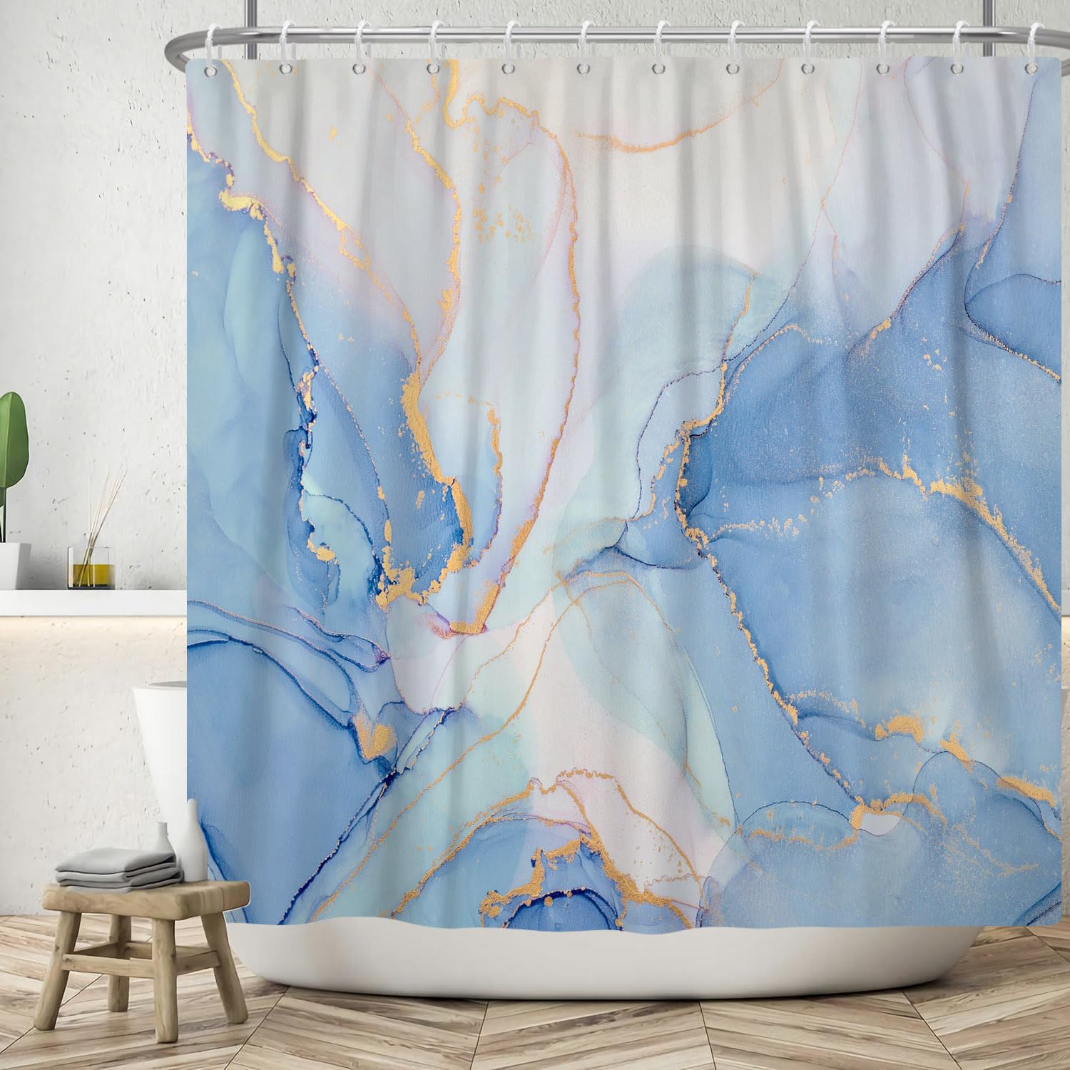 Jolof Store Marble Shower Curtain – Blue & Gold Waterproof Polyester