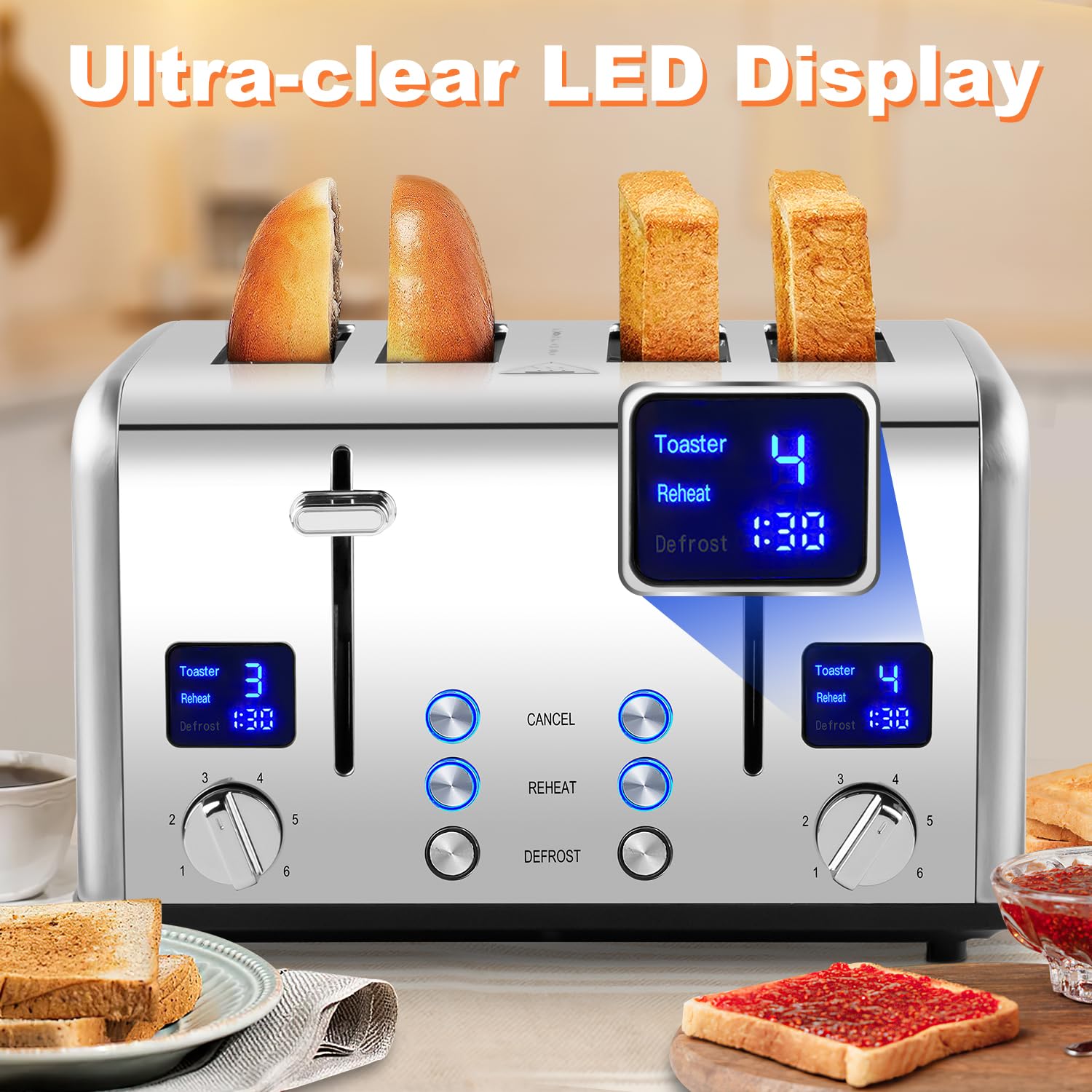 Cusimax 4-Slice Stainless Steel Toaster with LED Display & Wide Slots