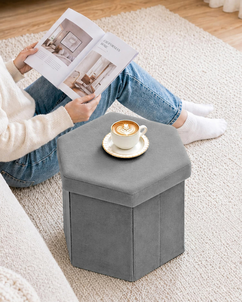 Bonlife Folding Storage Ottoman Hexagonal, Footrest with Toy Ches Box, 43cm - image 4