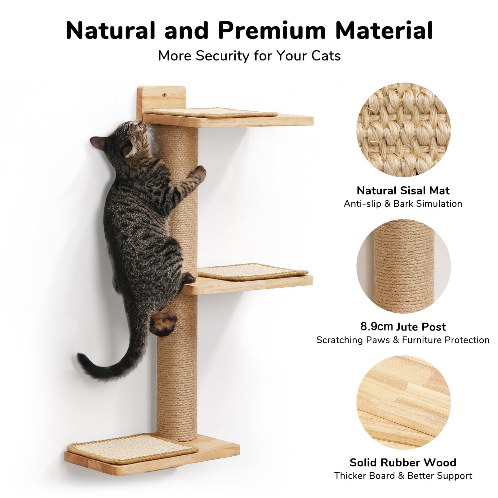 FUKUMARU Wall Mounted Cat Climbing Shelf | Rubber Wood Stair with Jute Post