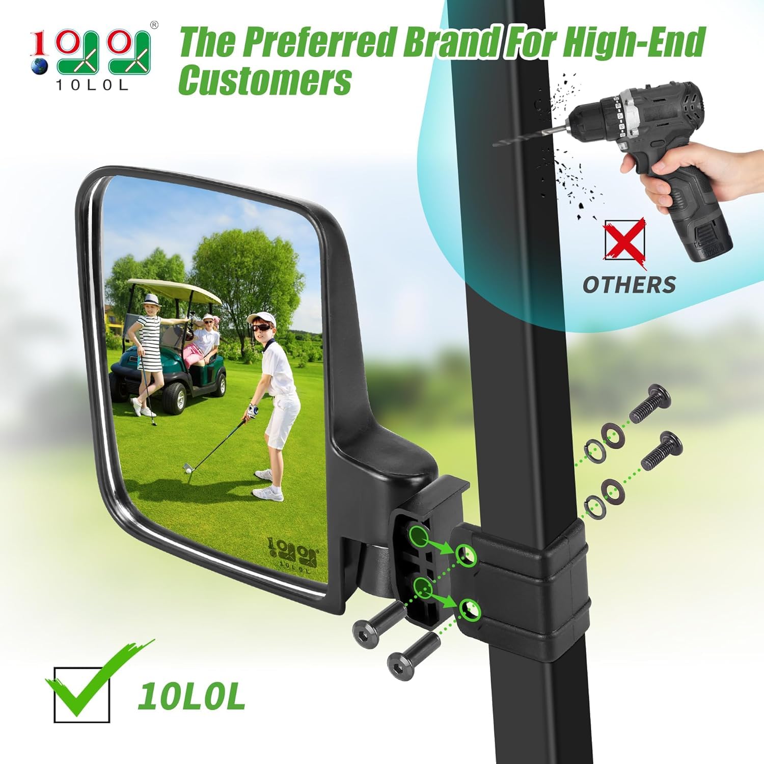 10L0L Golf Cart Mirror Set | No-Drill Foldable Side & Rear View Mirrors